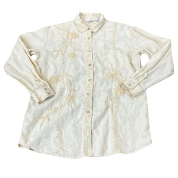 J. Jill Embroidered Detail Linen Button Down Shirt - Picture 1 of 6